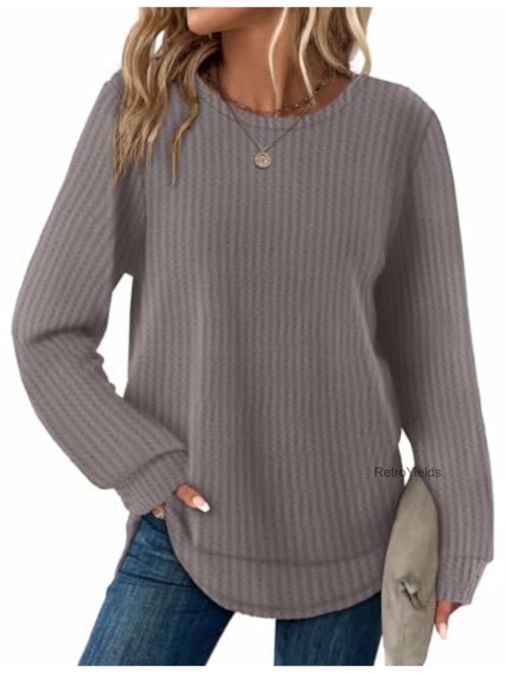 Waffle Knit Tunic Top Curved Hem Long Sleeve Crewneck Casual Loose Fit